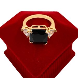 Golden Cubic Black 3 Stones Zirconia Engagement Ring